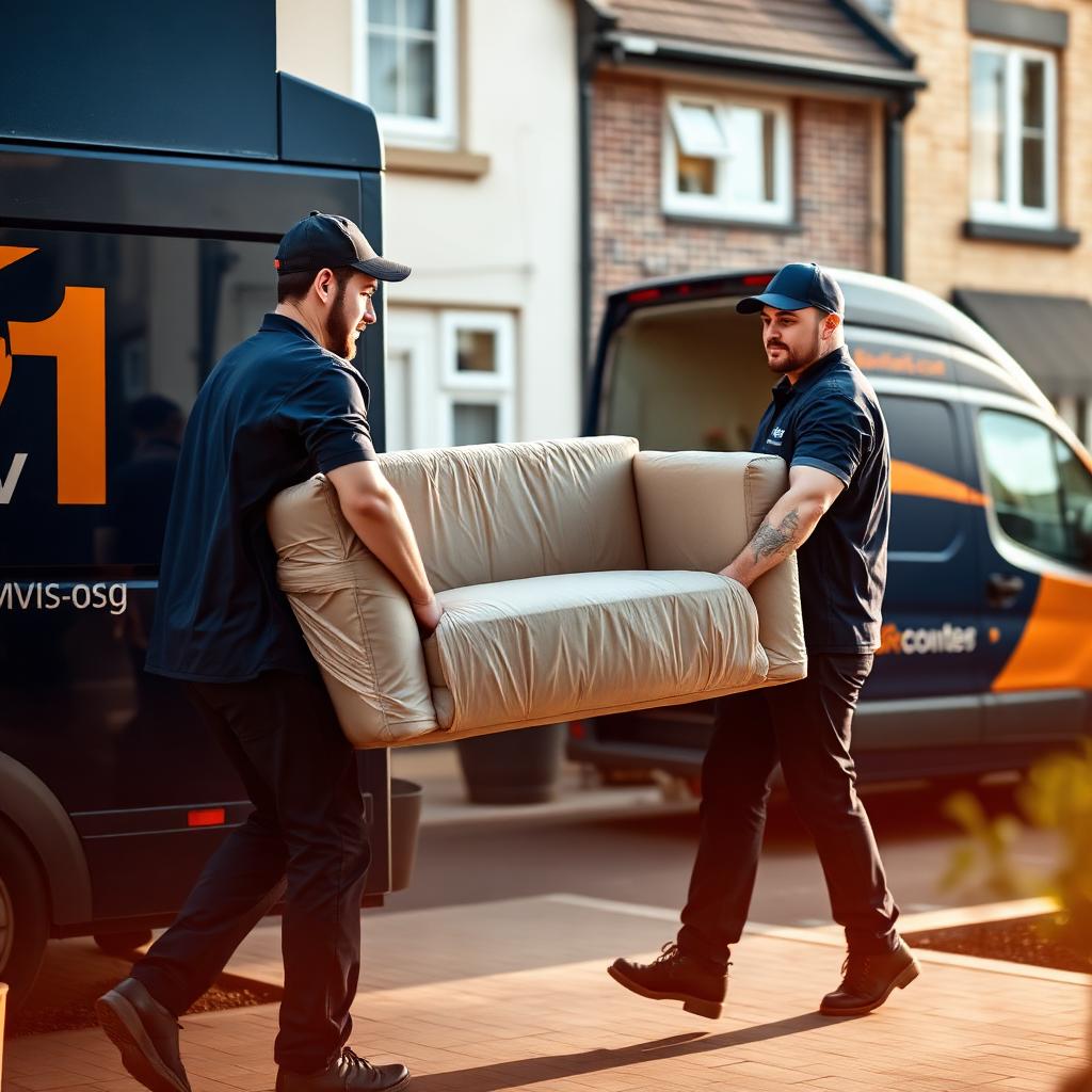 Movers transporting a sofa beside a moving van